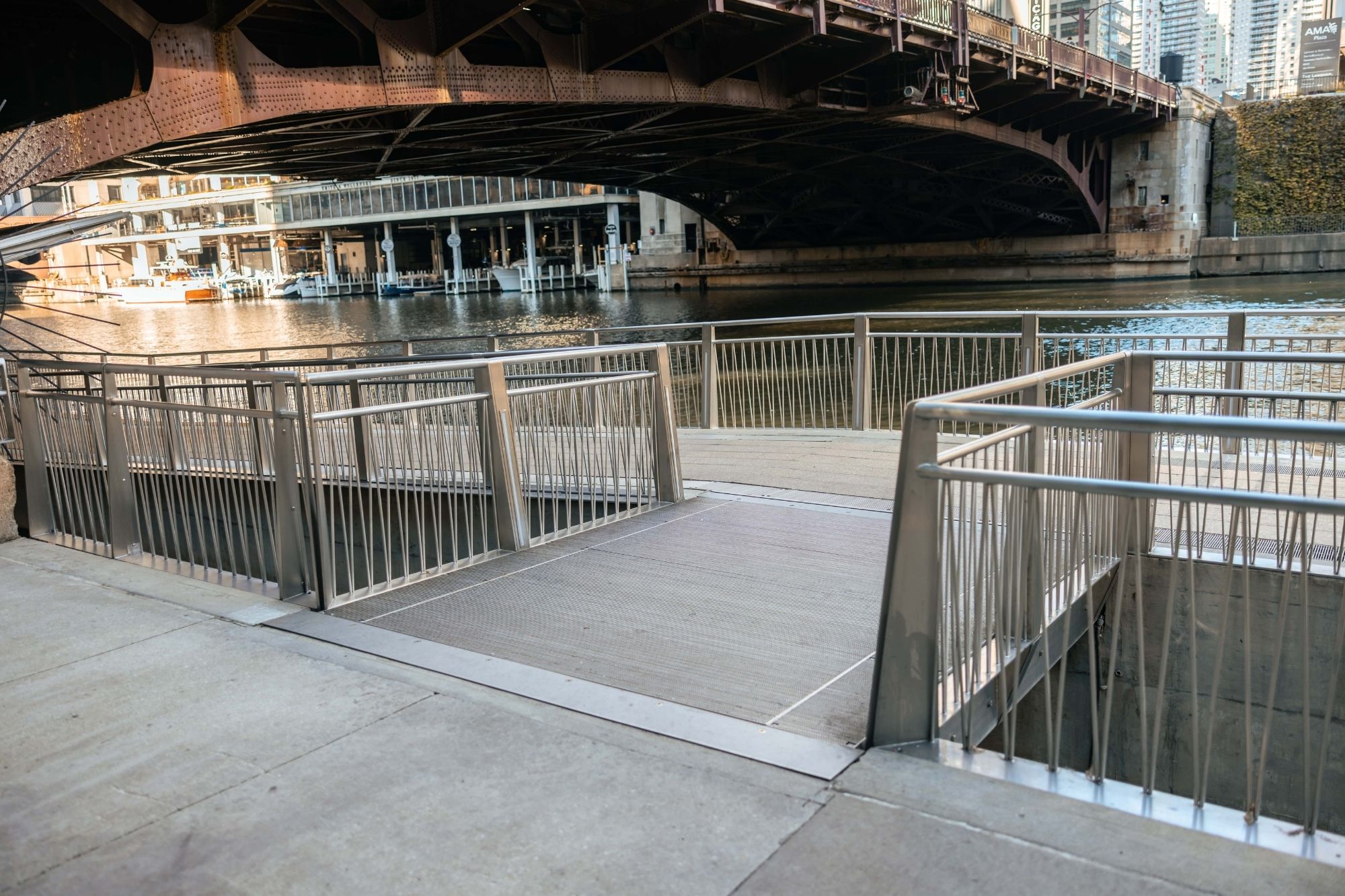 Wheels n' Heels product featured on a short pedestrian bridge along Chicago's riverwalk